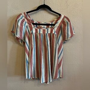 Pietsie Striped Cotton Linen Top Size Small Blue Red Square Neck